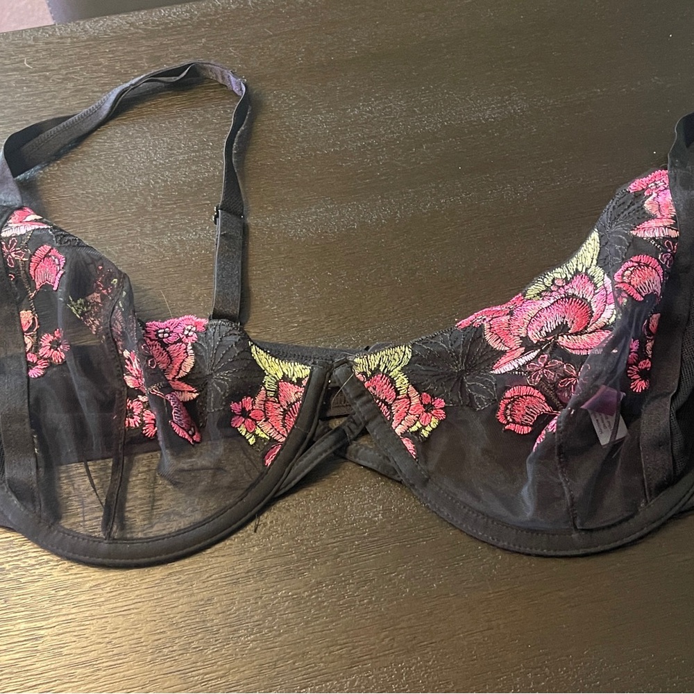Adore Me Black and Pink Floral Embroidered Bra